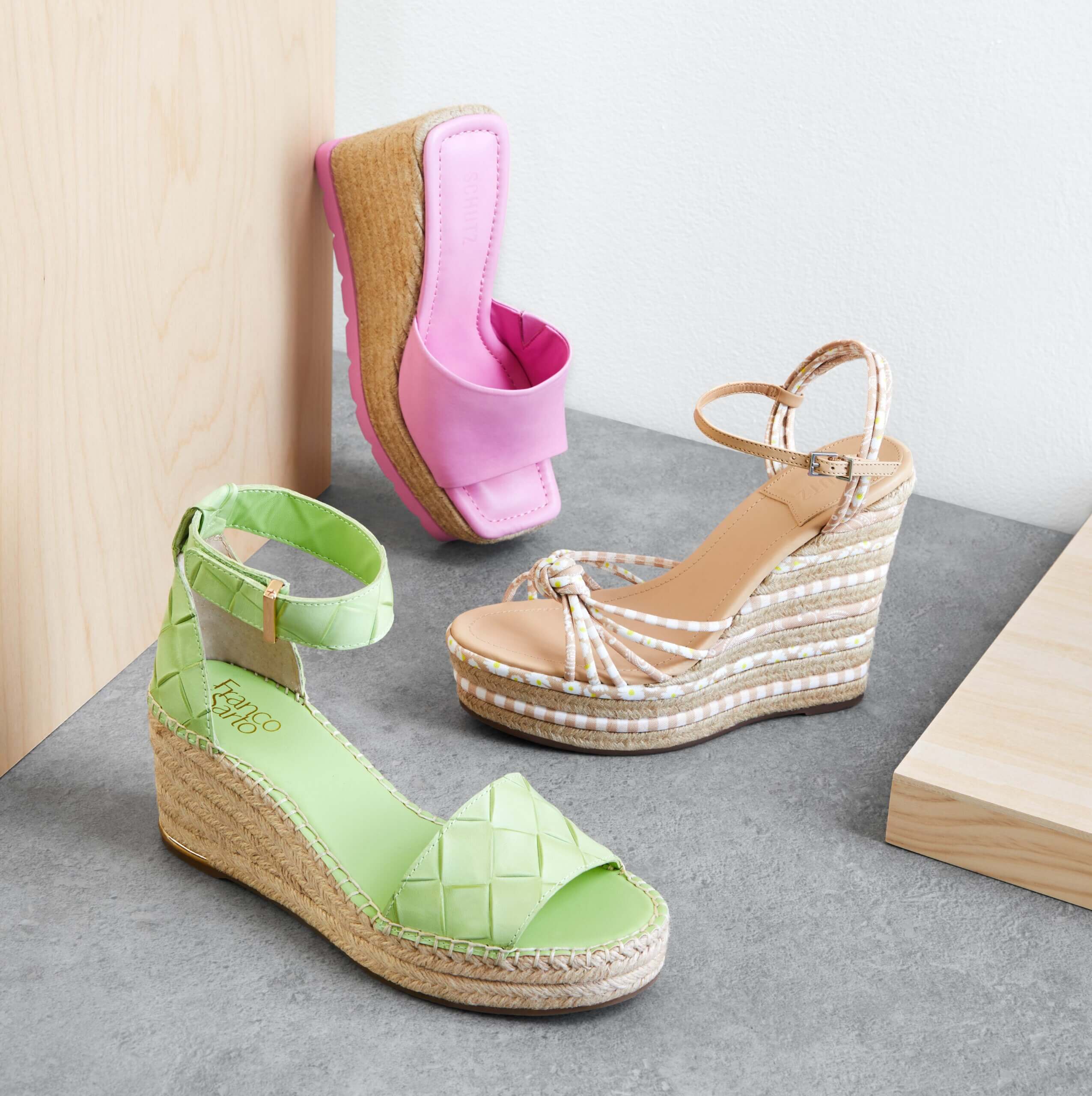 Stitch Fix women’s wedding beach attire platform shoes in various colors with rattan woven heel details.