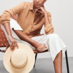Stitch Fix Women’s model wearing road trip outfit with brown button-down, white wide-leg pants, tan sandals and beige hat.