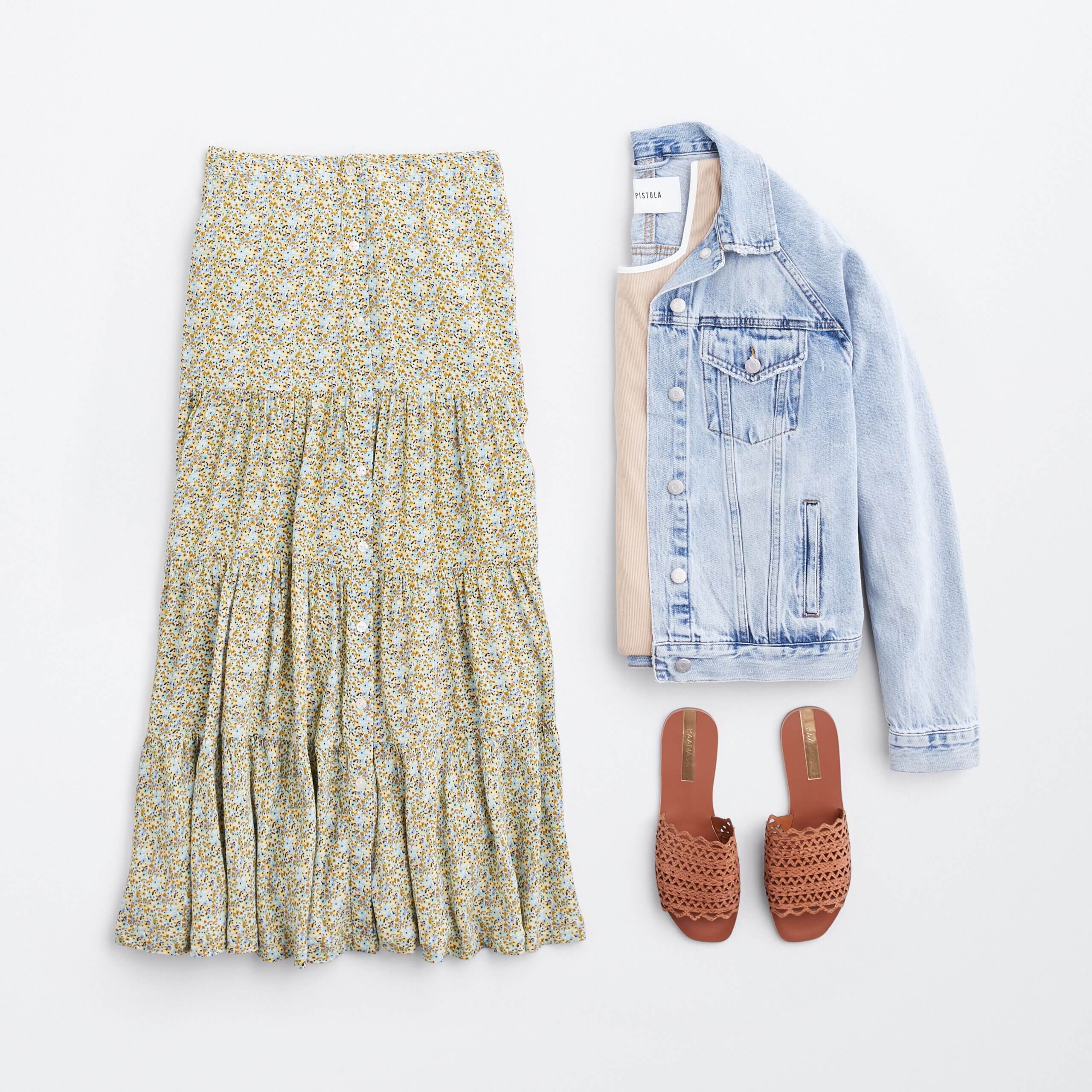 Stitch Fix women’s cottagecore aesthetic outfit with floral cluster midi skirt, tan tank, denim jacket and brown sandals.