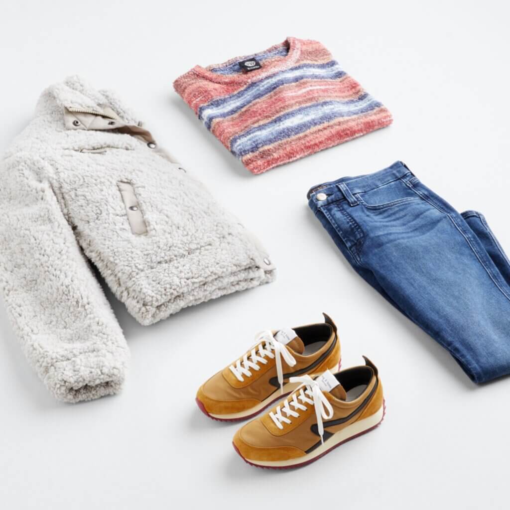 Stitch Fix Women’s straight-leg jeans, light grey sherpa jacket, mustard sneakers and a red, white and blue striped shirt.