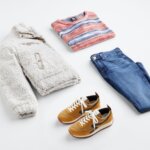 Stitch Fix Women’s straight-leg jeans, light grey sherpa jacket, mustard sneakers and a red, white and blue striped shirt.