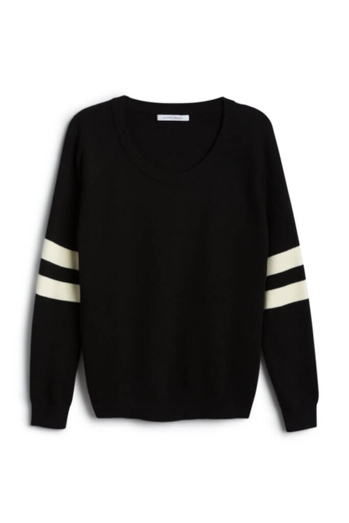 Stitch Fix Women’s black and white rugby stripe collegiate fashion pullover.