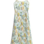 Stitch Fix women’s light blue dress with yellow, grey and green floral print.