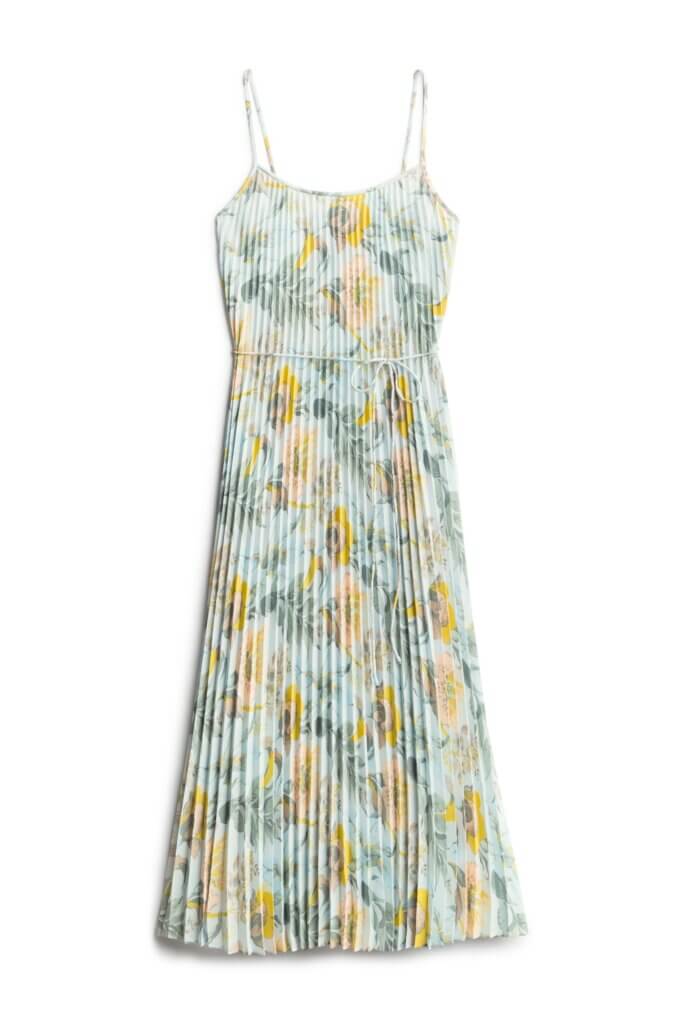 Stitch Fix women’s light blue dress with yellow, grey and green floral print.