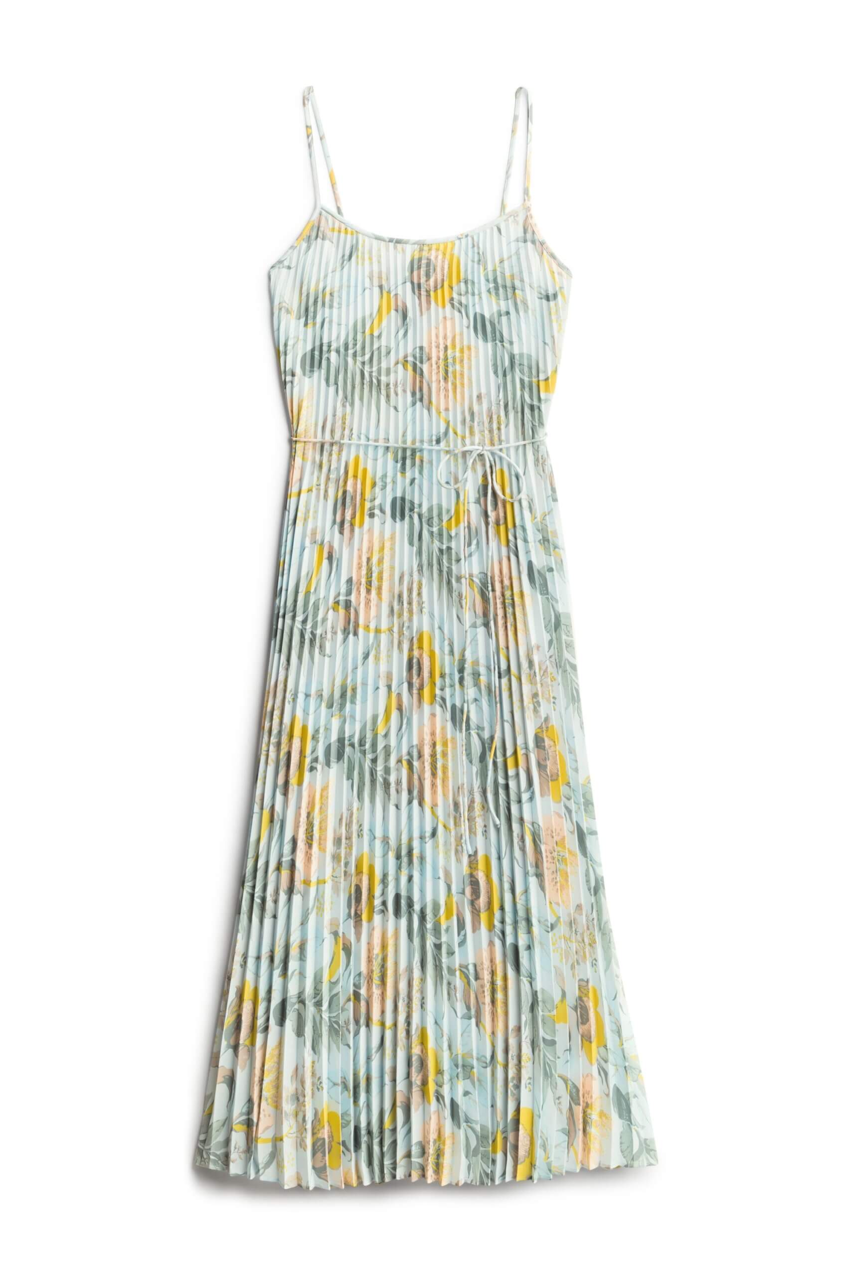 Stitch Fix women’s light blue dress with yellow, grey and green floral print.