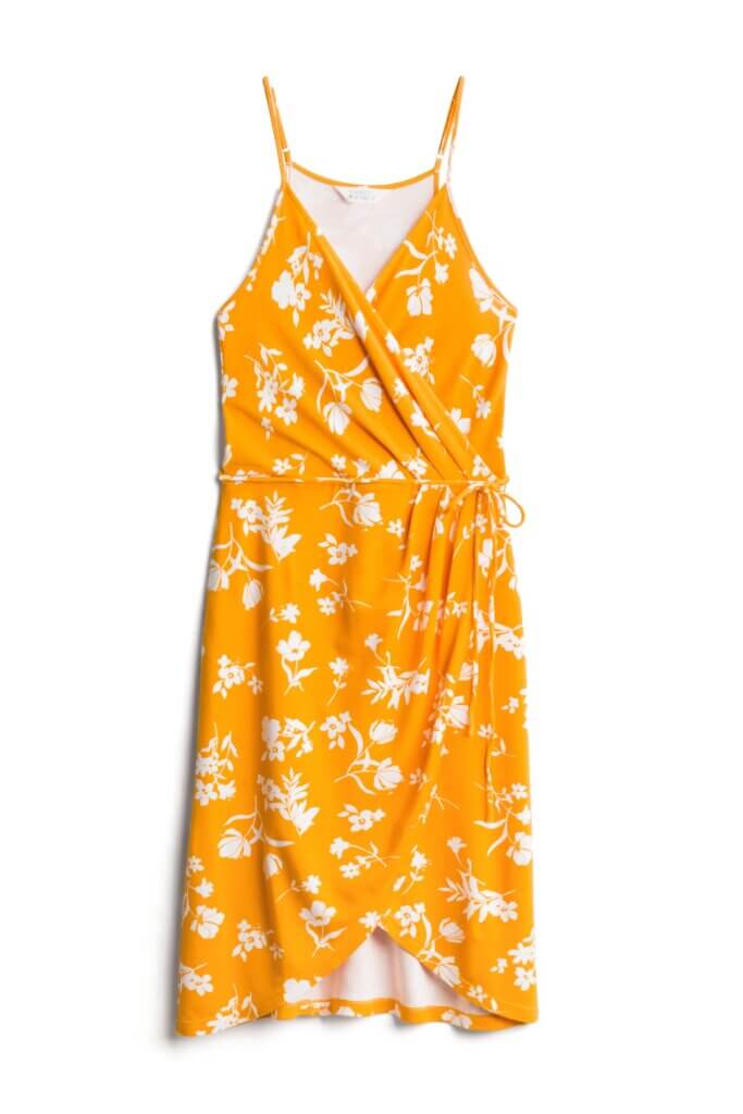 Stitch Fix women’s yellow and white floral print sleeveless wrap dress.