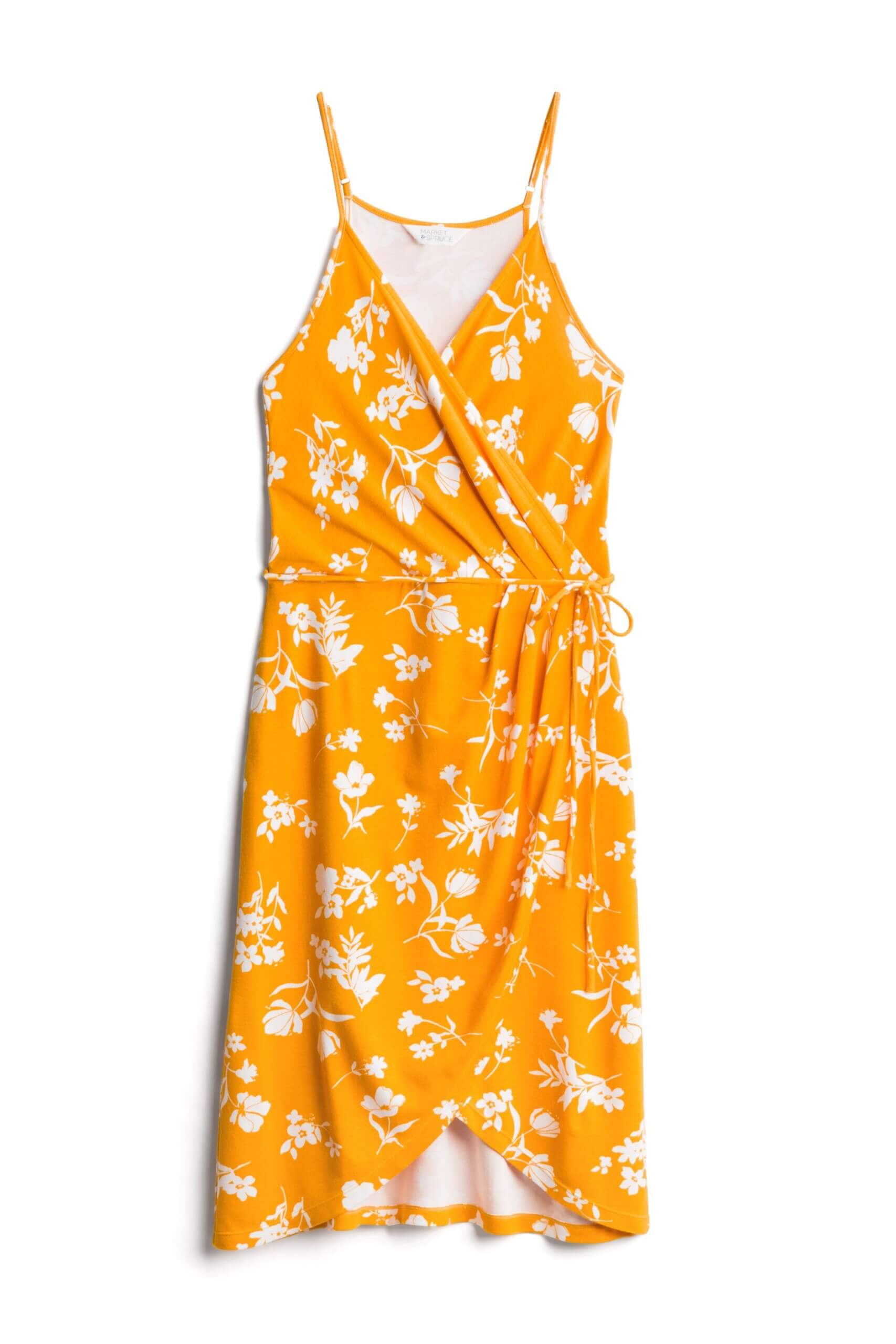 Stitch Fix women’s yellow and white floral print sleeveless wrap dress.