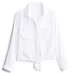 Stitch Fix women’s long-sleeved white button-down shirt with front tie.