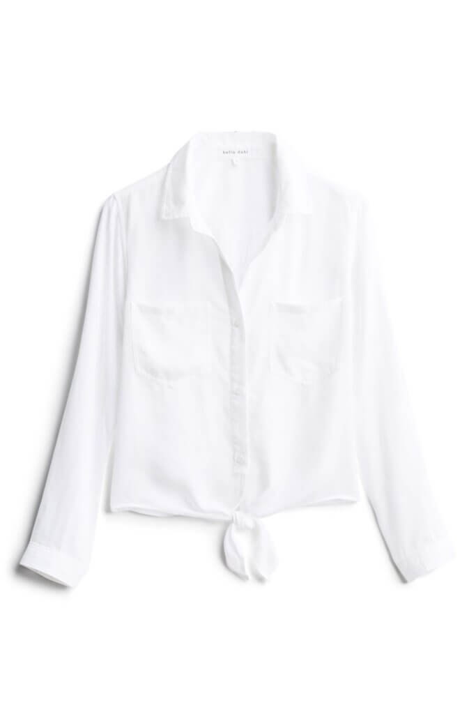Stitch Fix women’s long-sleeved white button-down shirt with front tie.