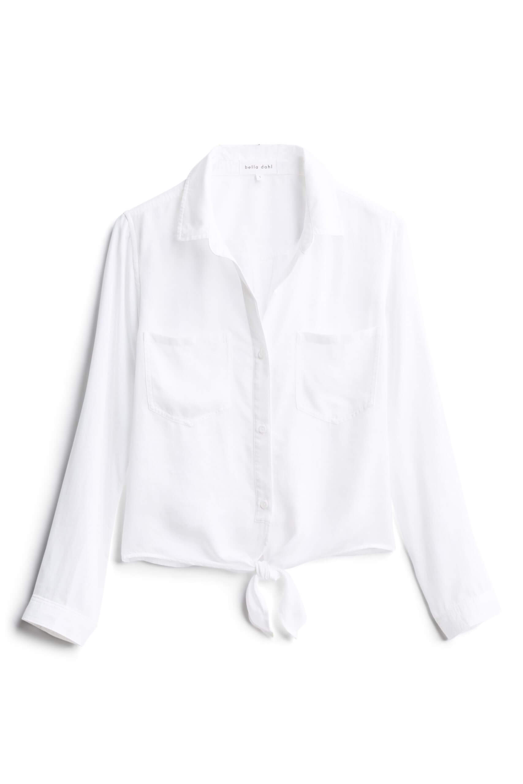 Stitch Fix women’s long-sleeved white button-down shirt with front tie.
