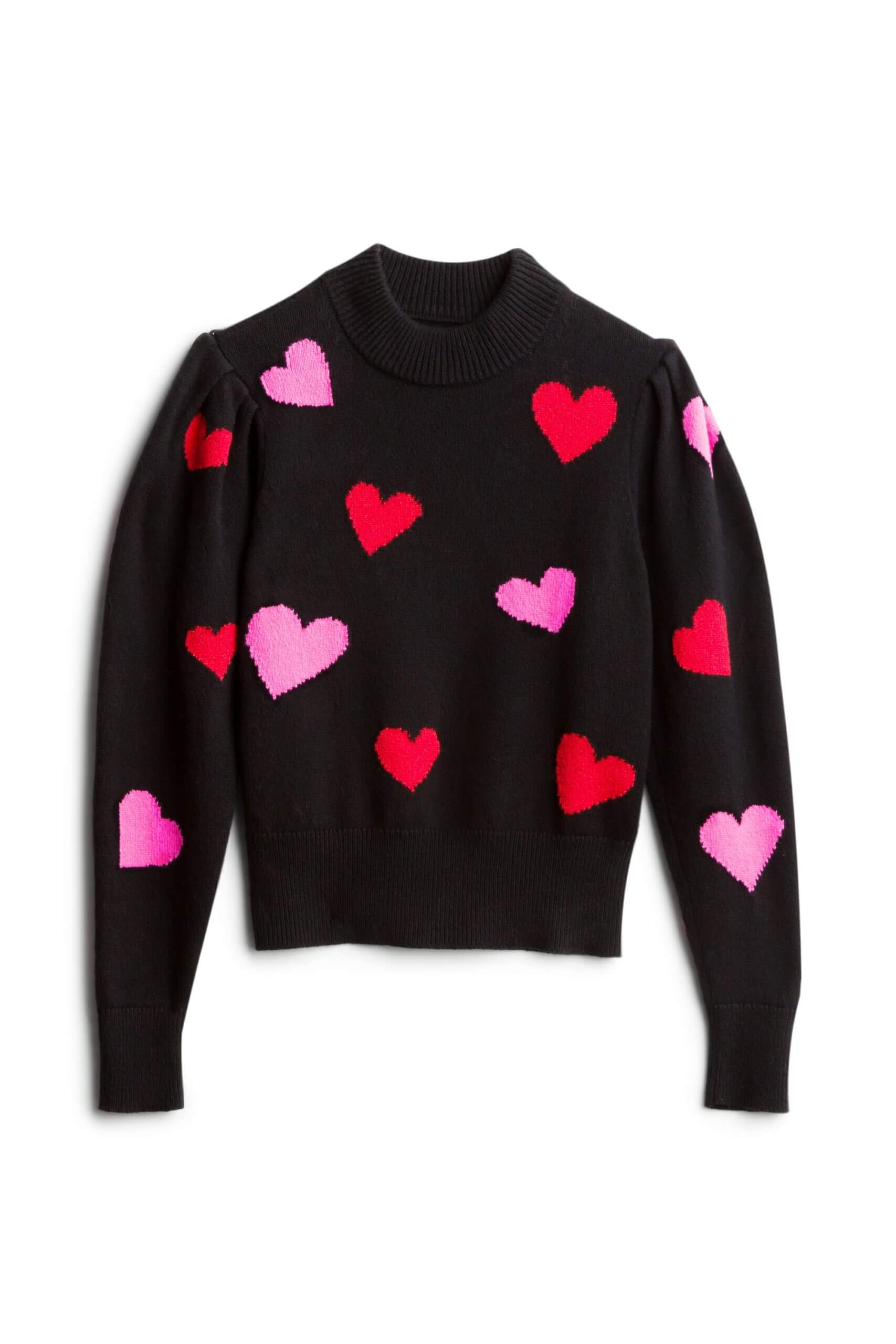 Stitch Fix women's black sweater with pink and red hearts.