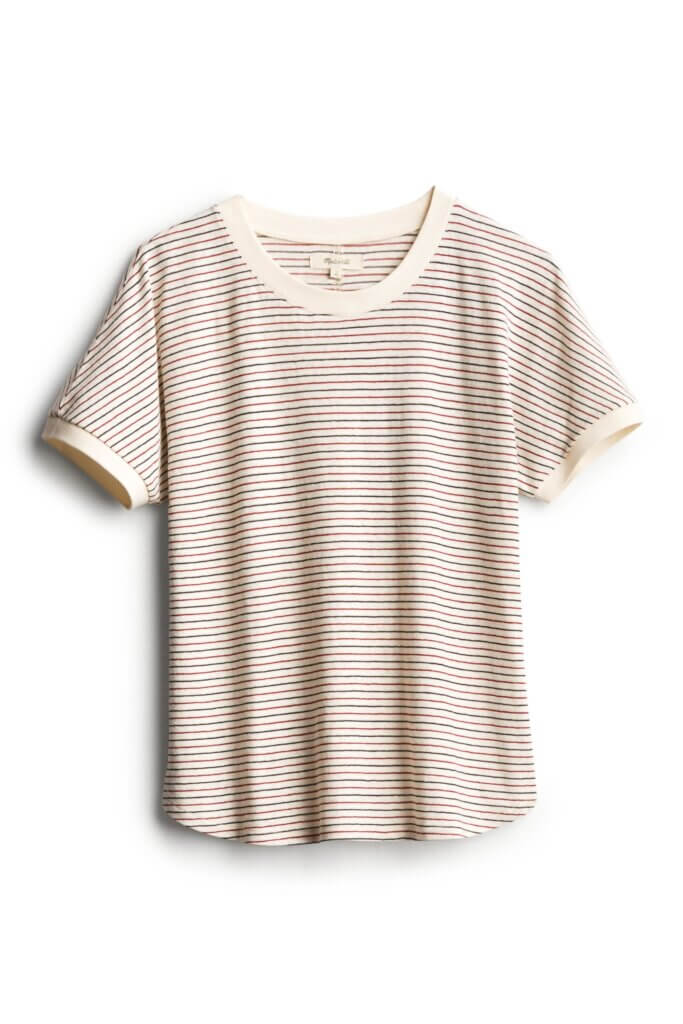 Stitch Fix women’s essential road trip packing list red, white and black striped tee.