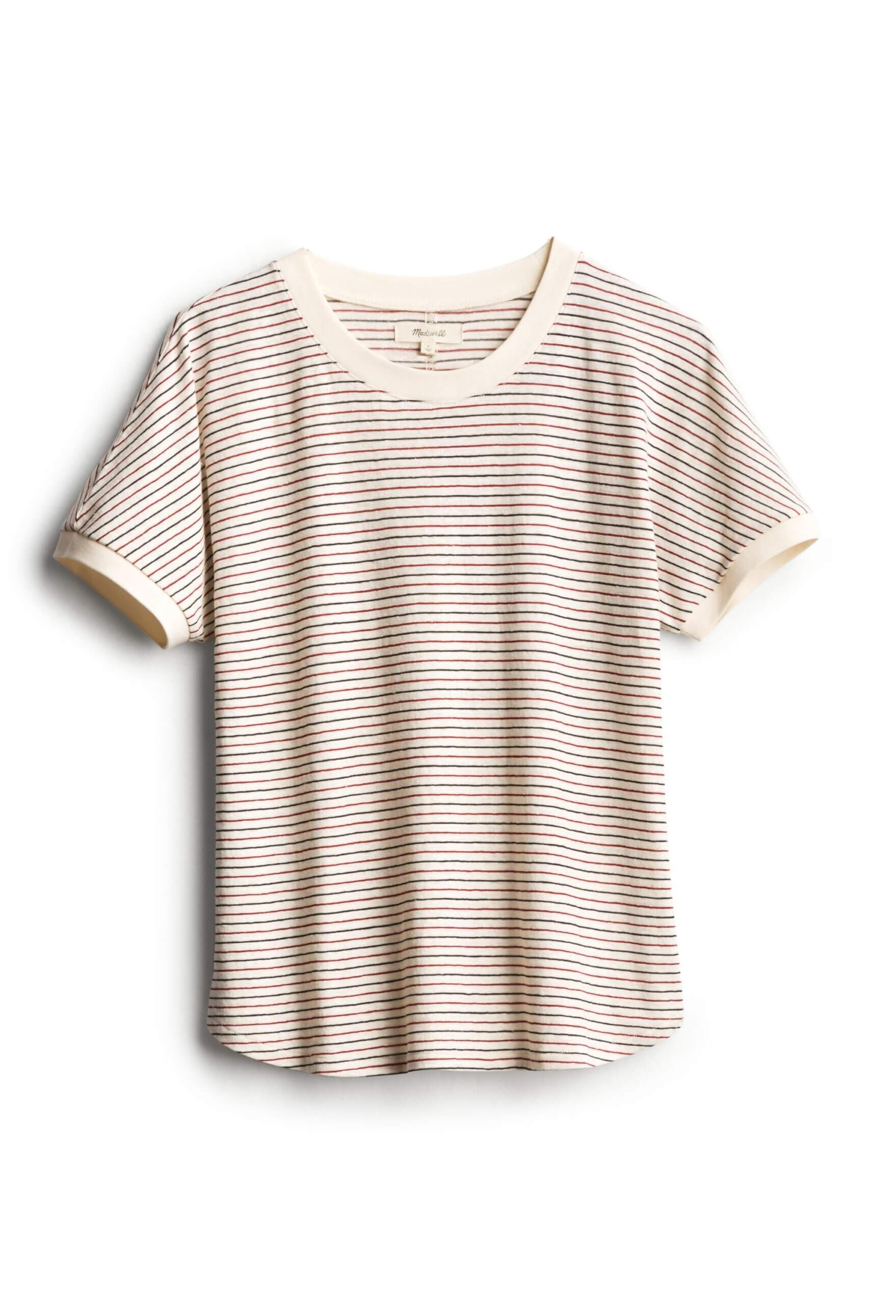 Stitch Fix women’s essential road trip packing list red, white and black striped tee.