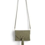 Stitch Fix women's olive suede crossbody bag with tassel detailing.