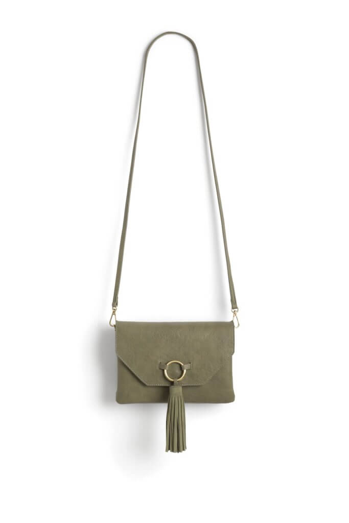 Stitch Fix women's olive suede crossbody bag with tassel detailing.