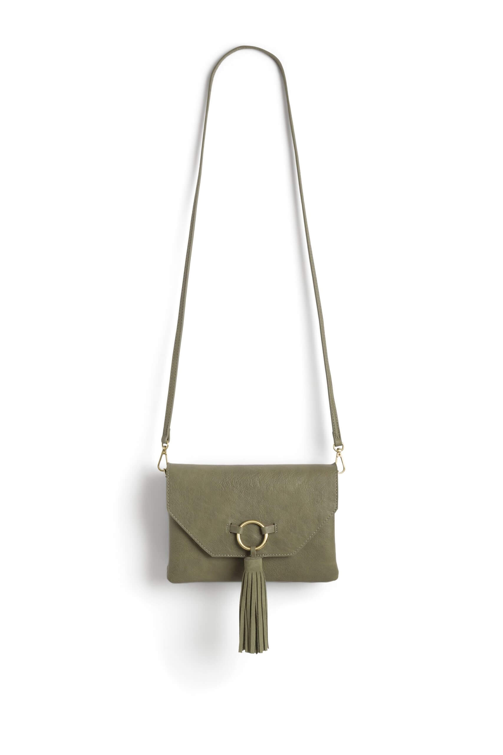 Stitch Fix women's olive suede crossbody bag with tassel detailing.