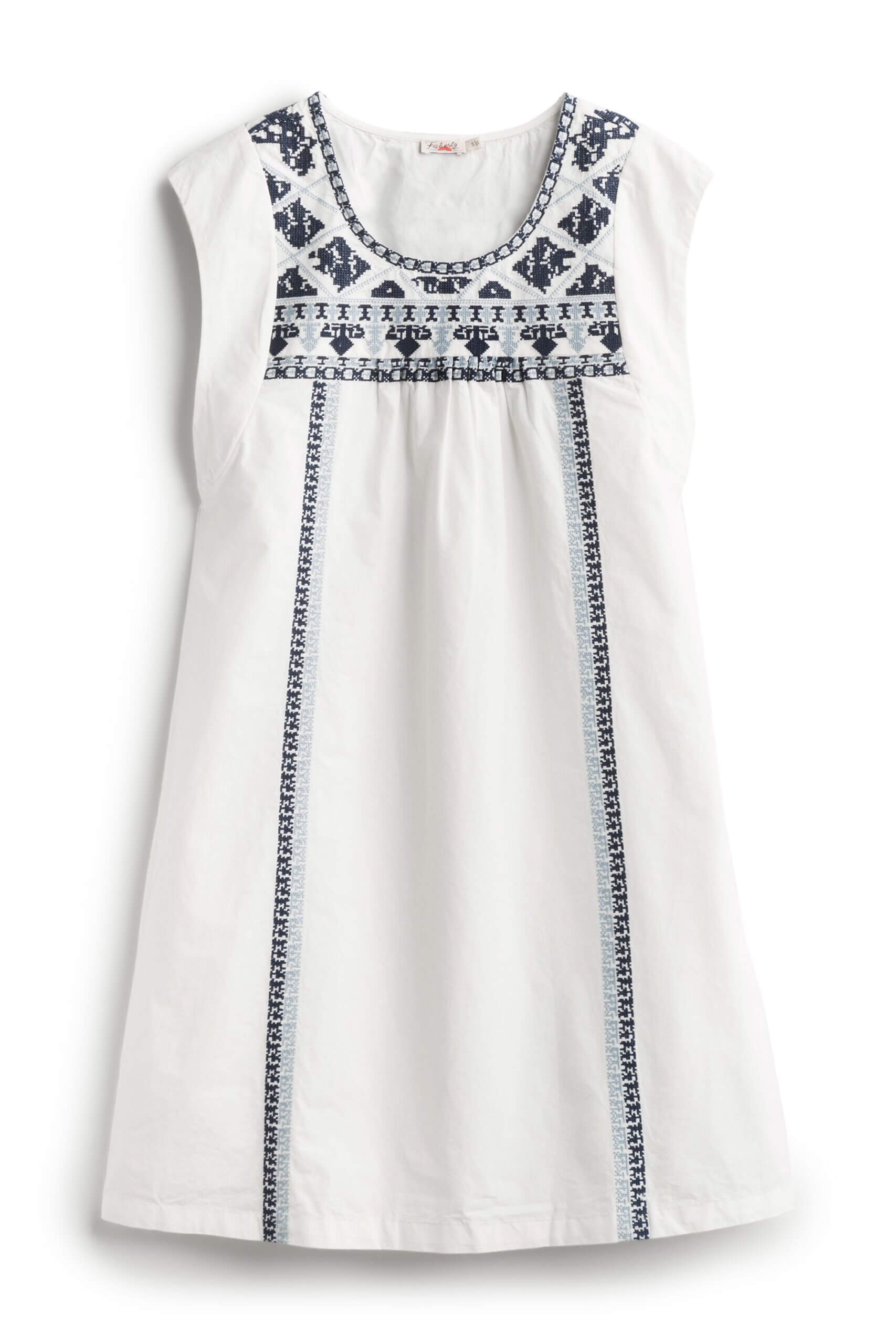 Stitch Fix women’s shift little white dress with blue embroidery.