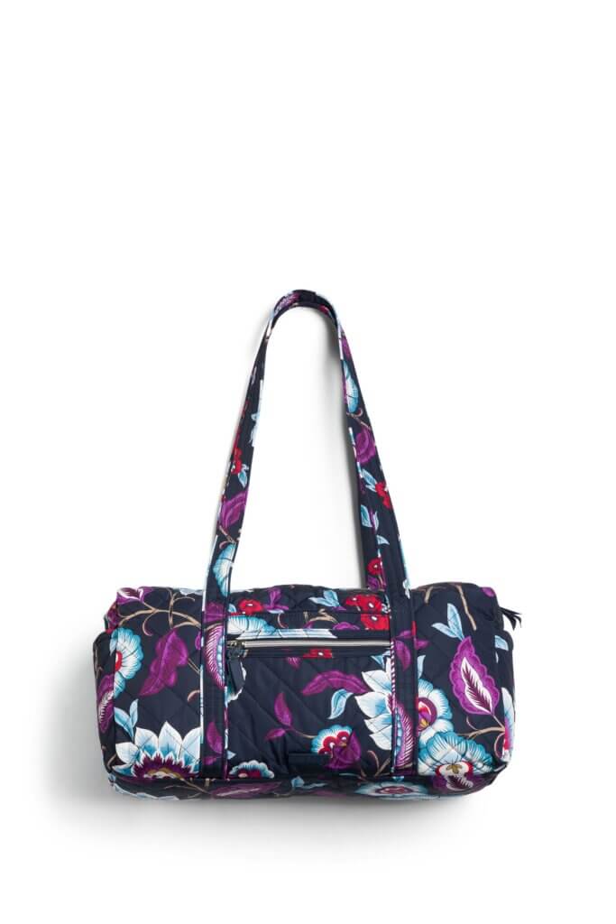 Stitch Fix women's navy, purple, white and teal floral print duffle bag.