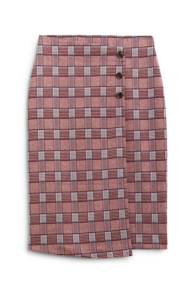 Stitch Fix women’s plaid wrap pencil skirt with three-button detail.