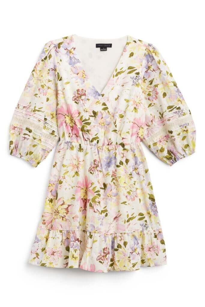 Stitch Fix women’s balloon-sleeve floral little white dress.