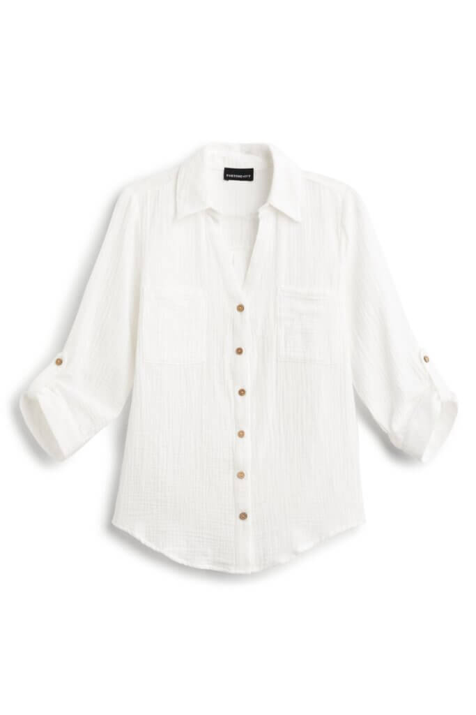 Stitch Fix women’s three-quarter sleeve white linen button-down top.
