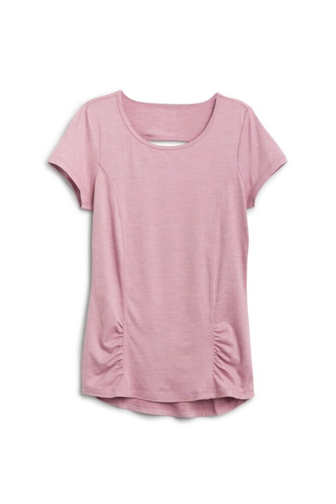 Stitch Fix women’s pink active T-shirt with back cutout and front ruching.