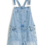 Stitch Fix women’s light blue overall shorts with silver hardware.