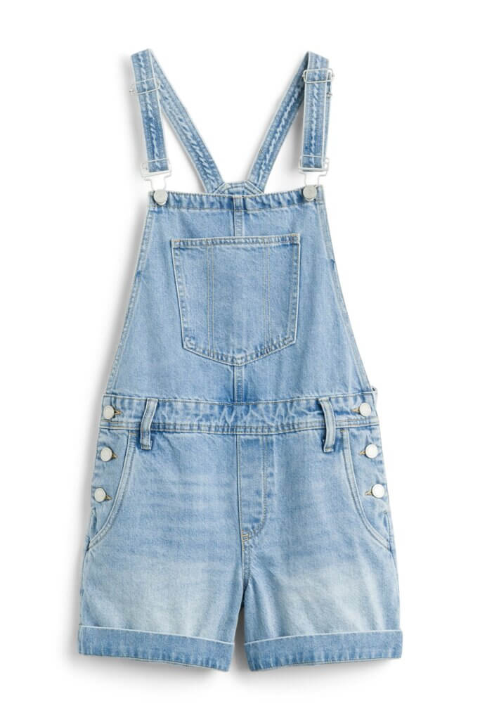 Stitch Fix women’s light blue overall shorts with silver hardware.