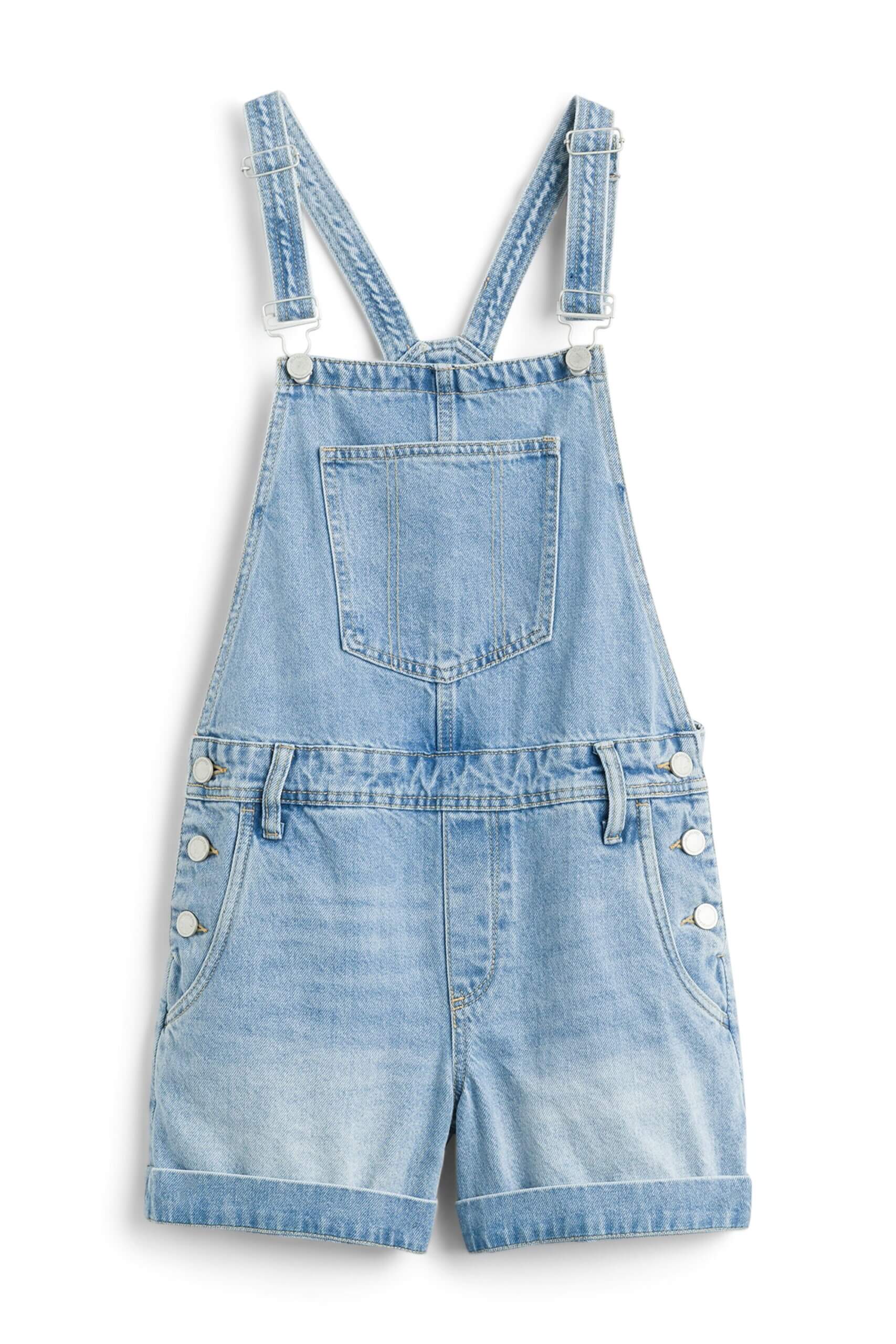 Stitch Fix women’s light blue overall shorts with silver hardware.
