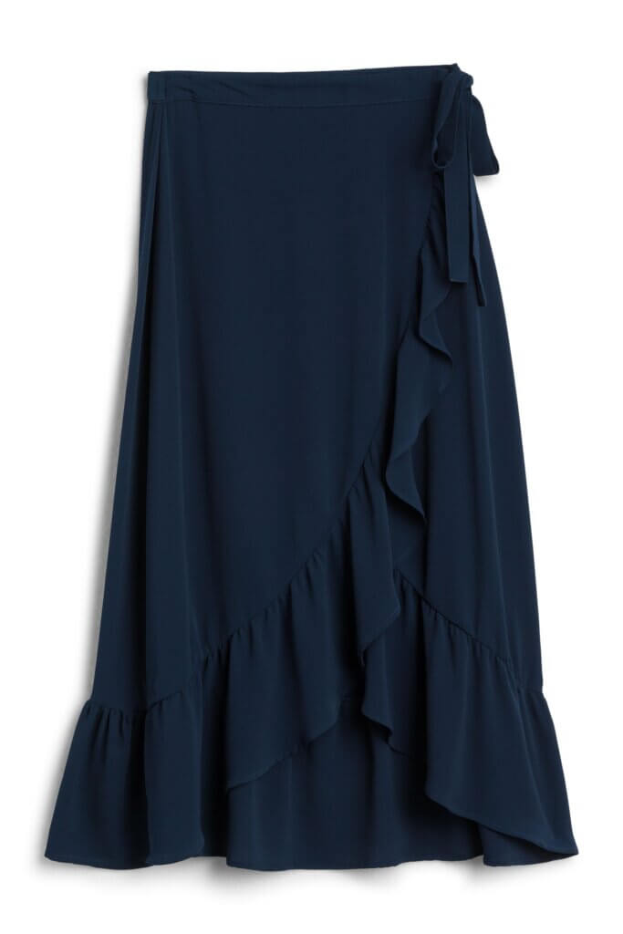 Stitch Fix women's navy wrap maxi skirt with ruffle trim.