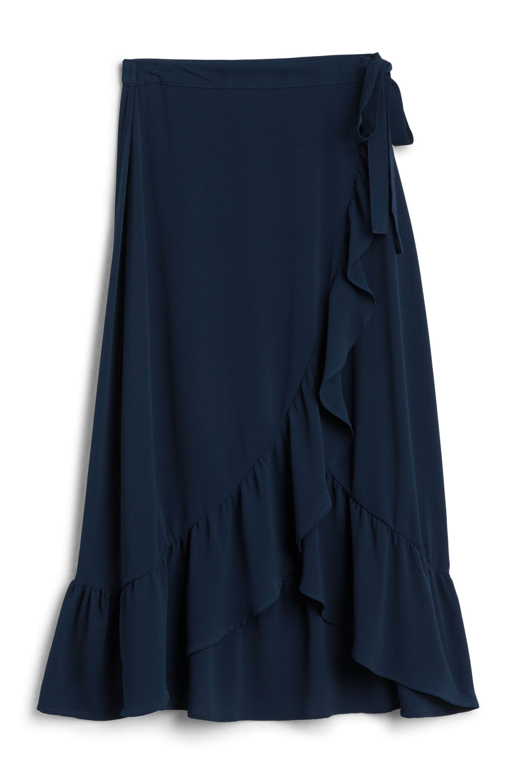 Stitch Fix women's navy wrap maxi skirt with ruffle trim.
