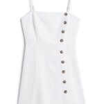 Stitch Fix women’s linen little white dress spaghetti straps and button details.