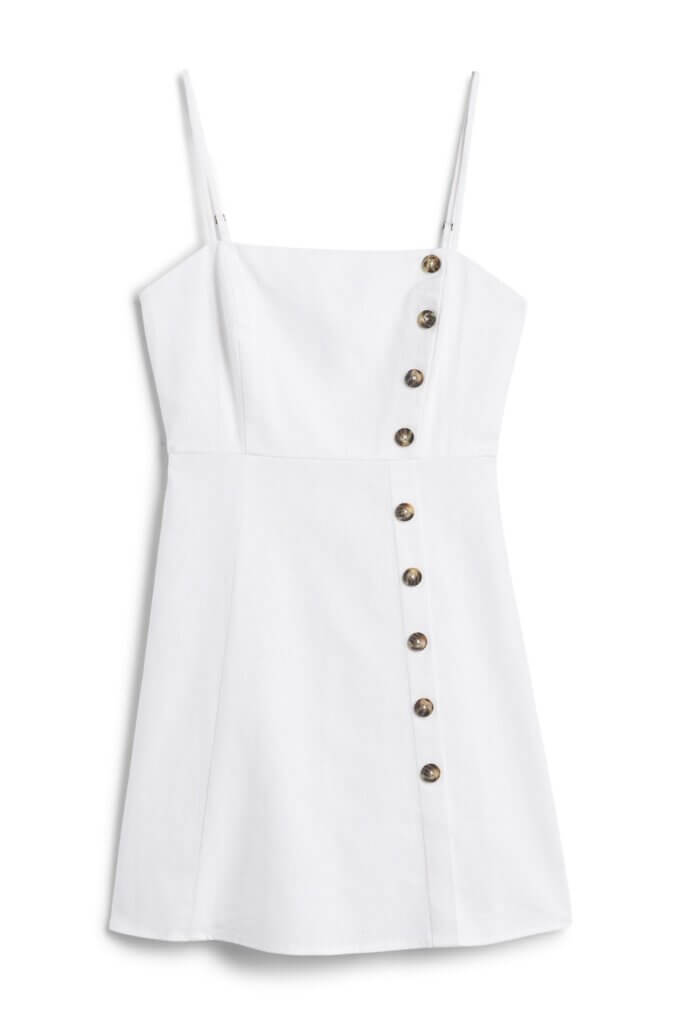 Stitch Fix women’s linen little white dress spaghetti straps and button details.
