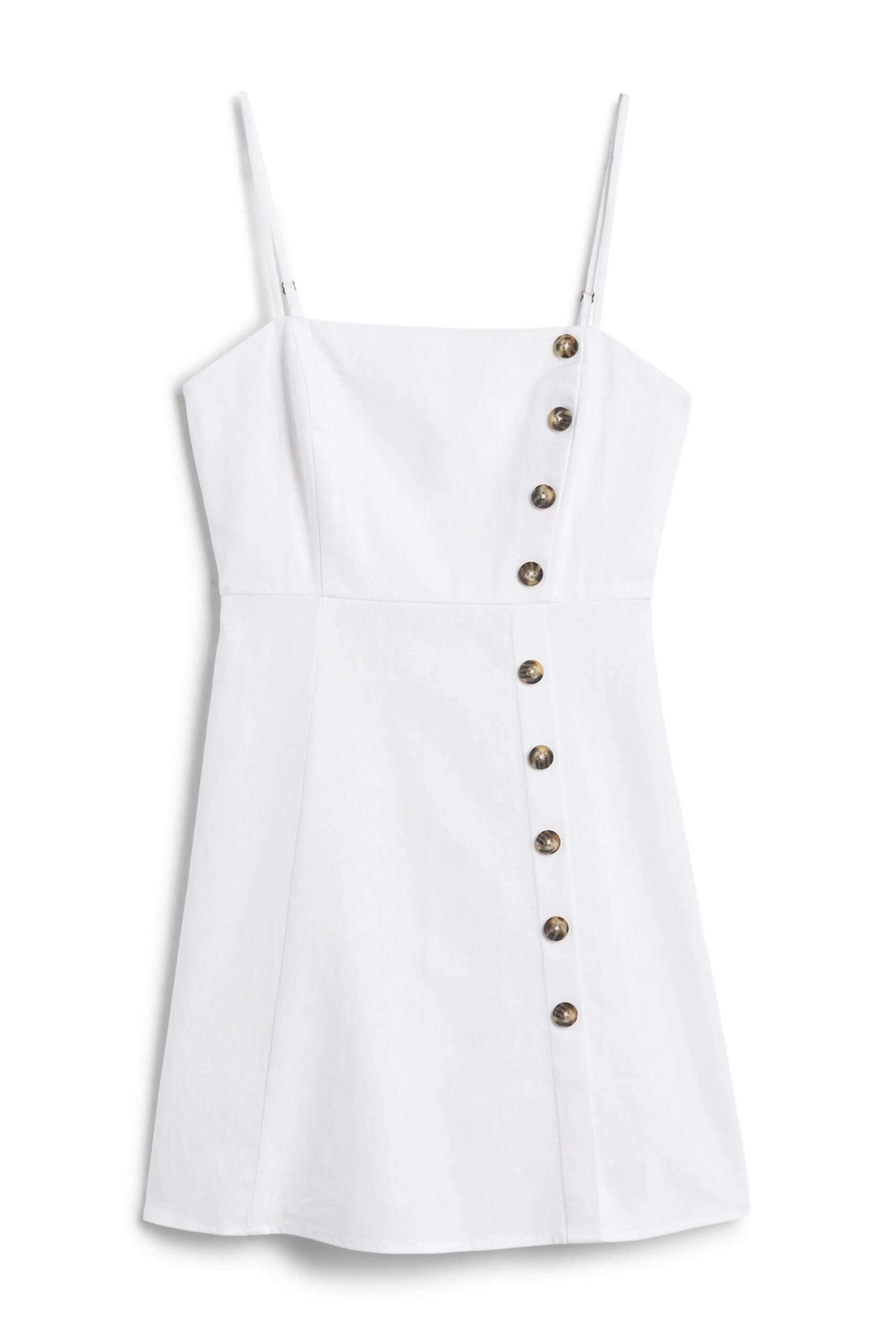 Stitch Fix women’s linen little white dress spaghetti straps and button details.