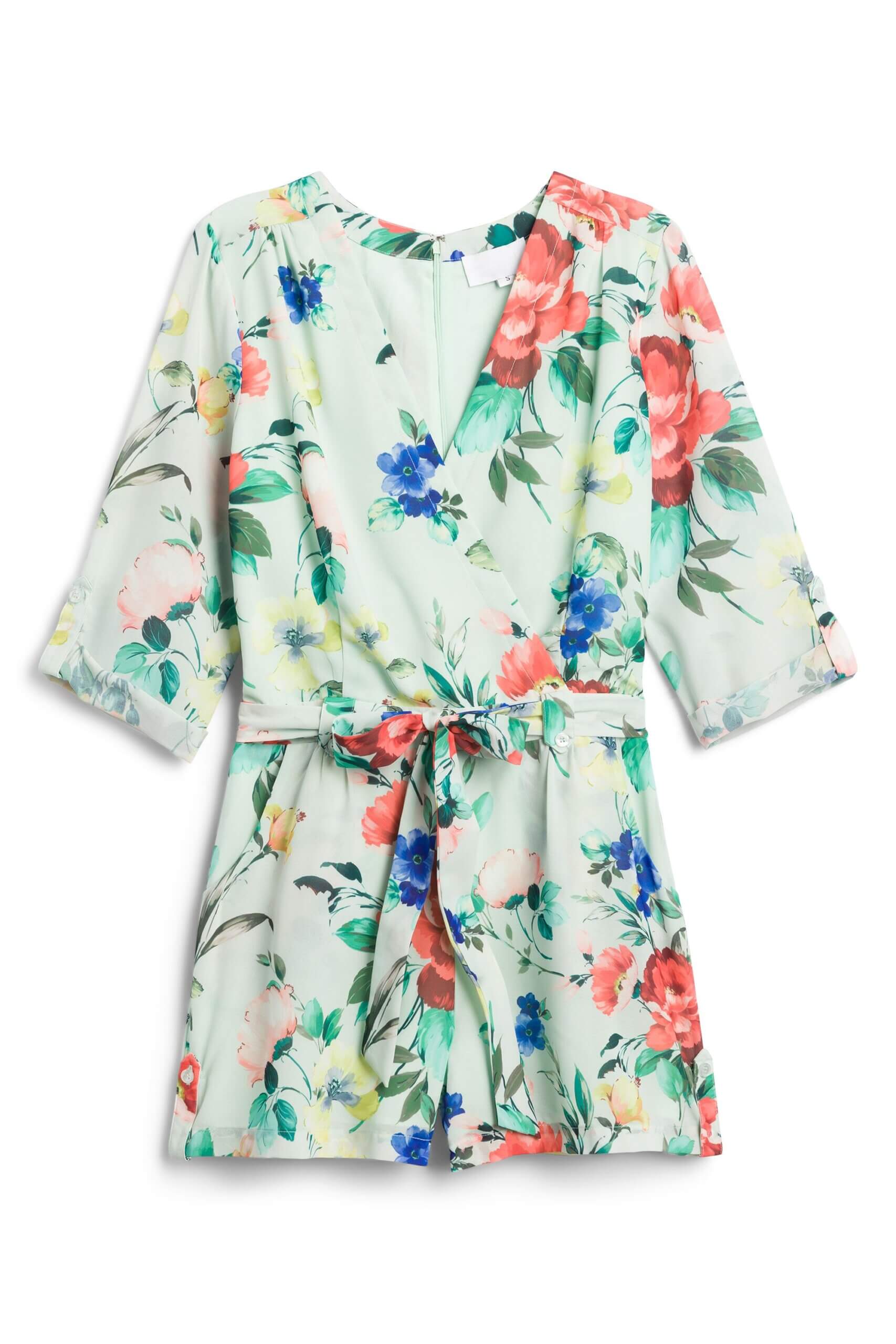 Stitch Fix women's garden party attire light green floral romper.