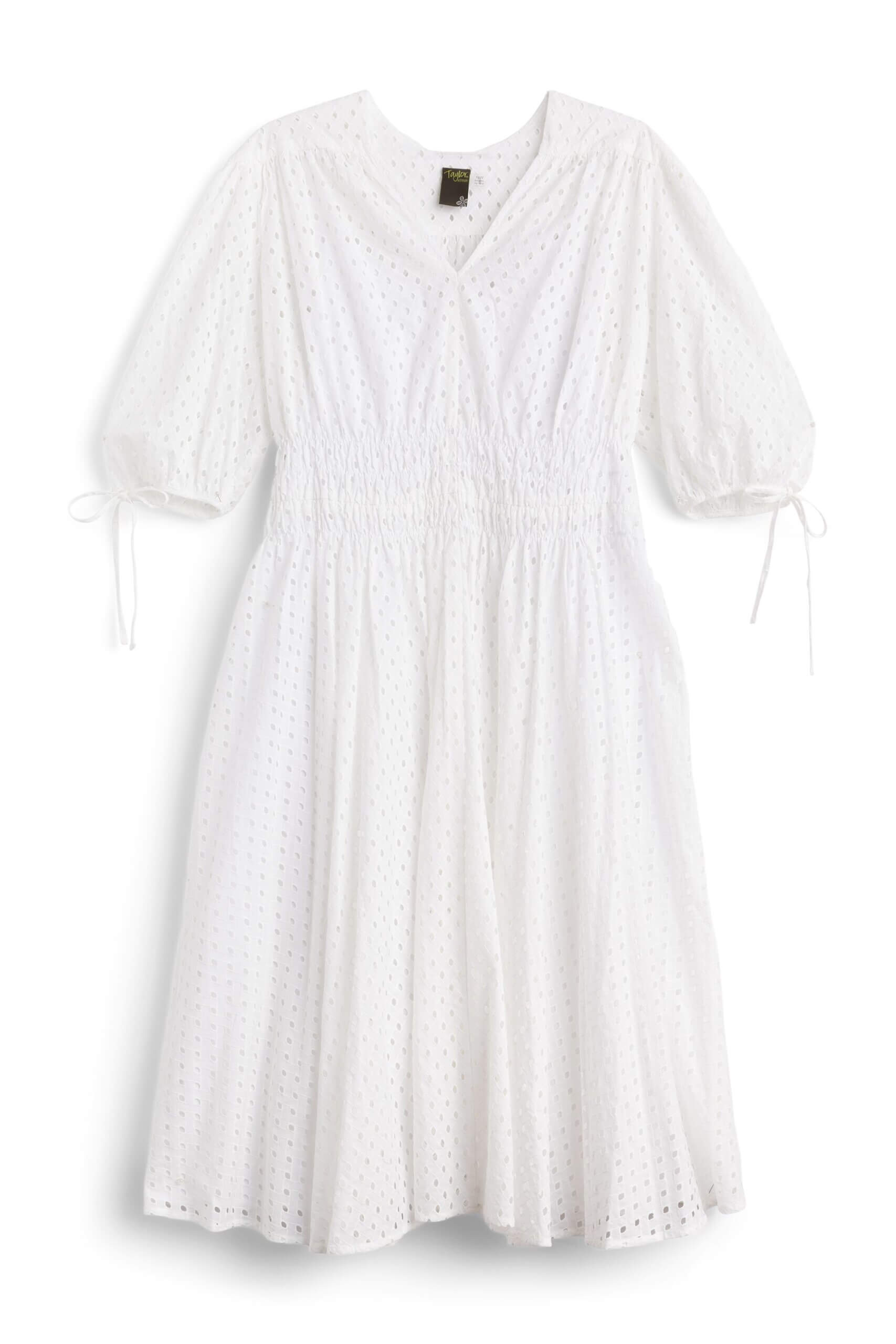 Stitch Fix women’s white smock-waist eyelet midi dress.