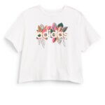 Stitch Fix women’s white T-shirt with colorful leaves outlining brand logo.