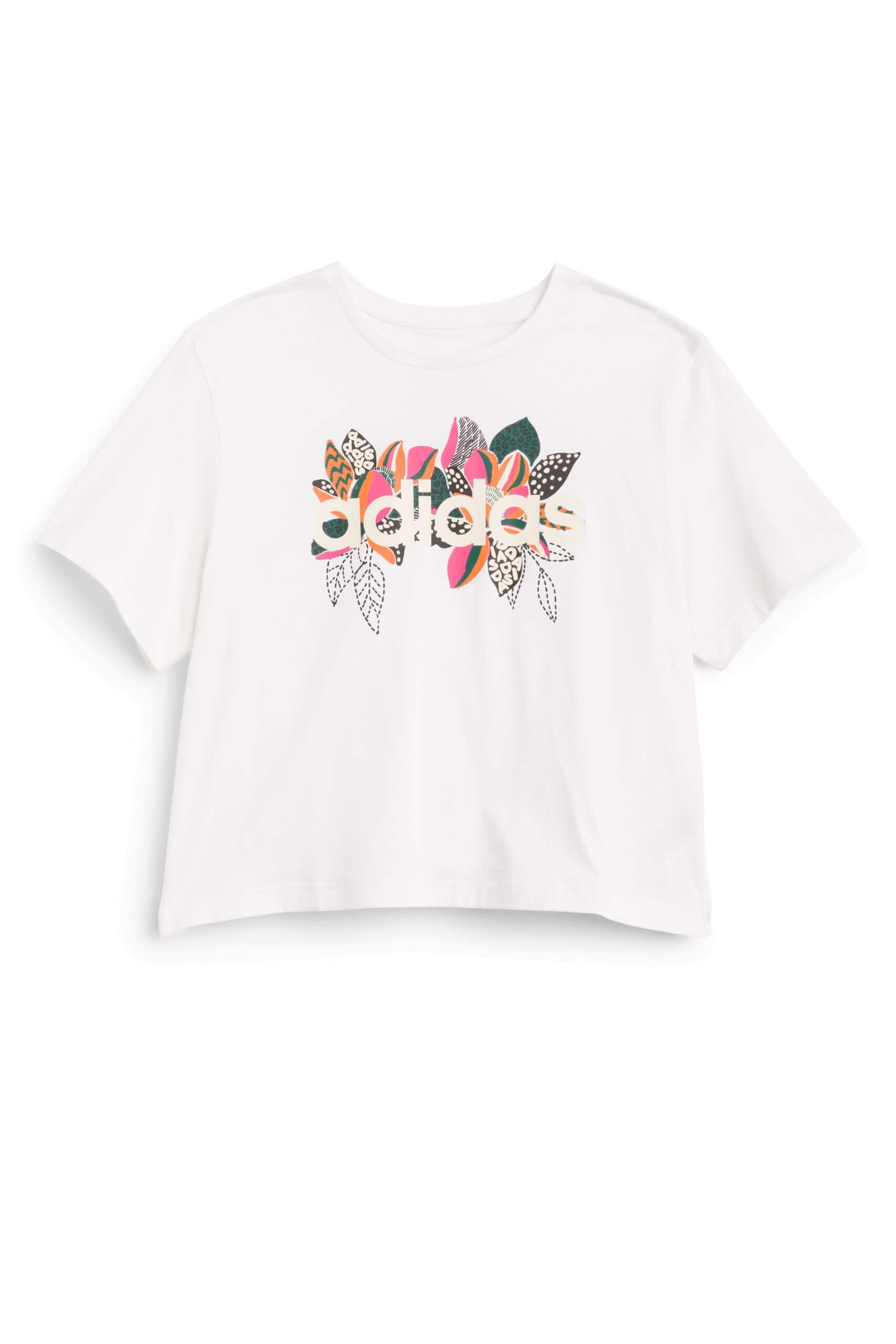 Stitch Fix women’s white T-shirt with colorful leaves outlining brand logo.