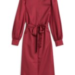 Stitch Fix women's burgundy tie-waist, long-sleeve satin midi dress.