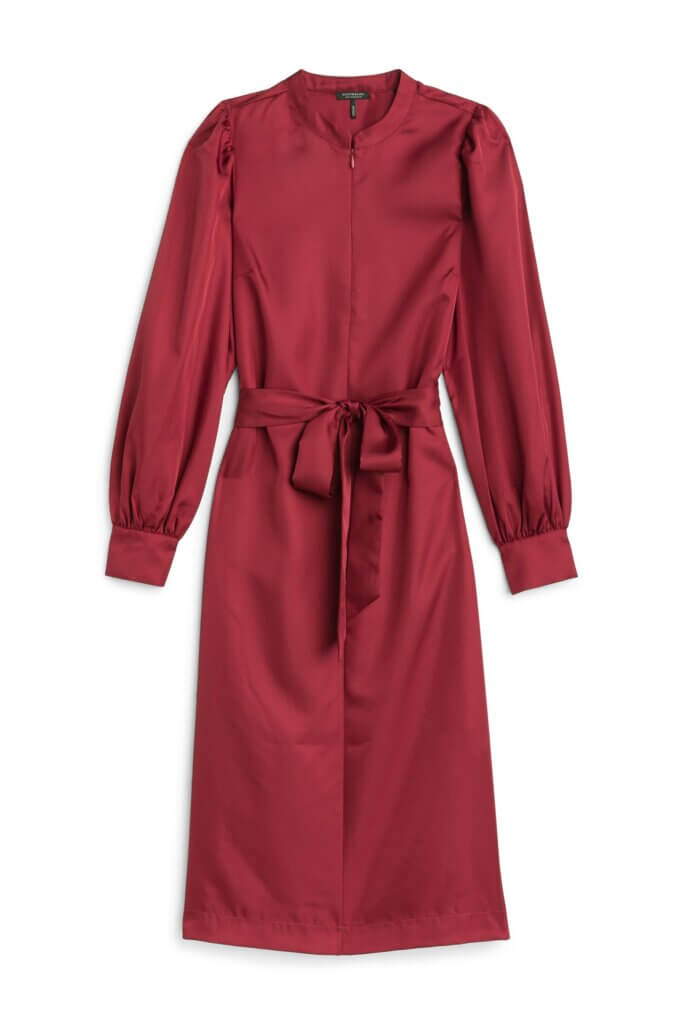Stitch Fix women's burgundy tie-waist, long-sleeve satin midi dress.