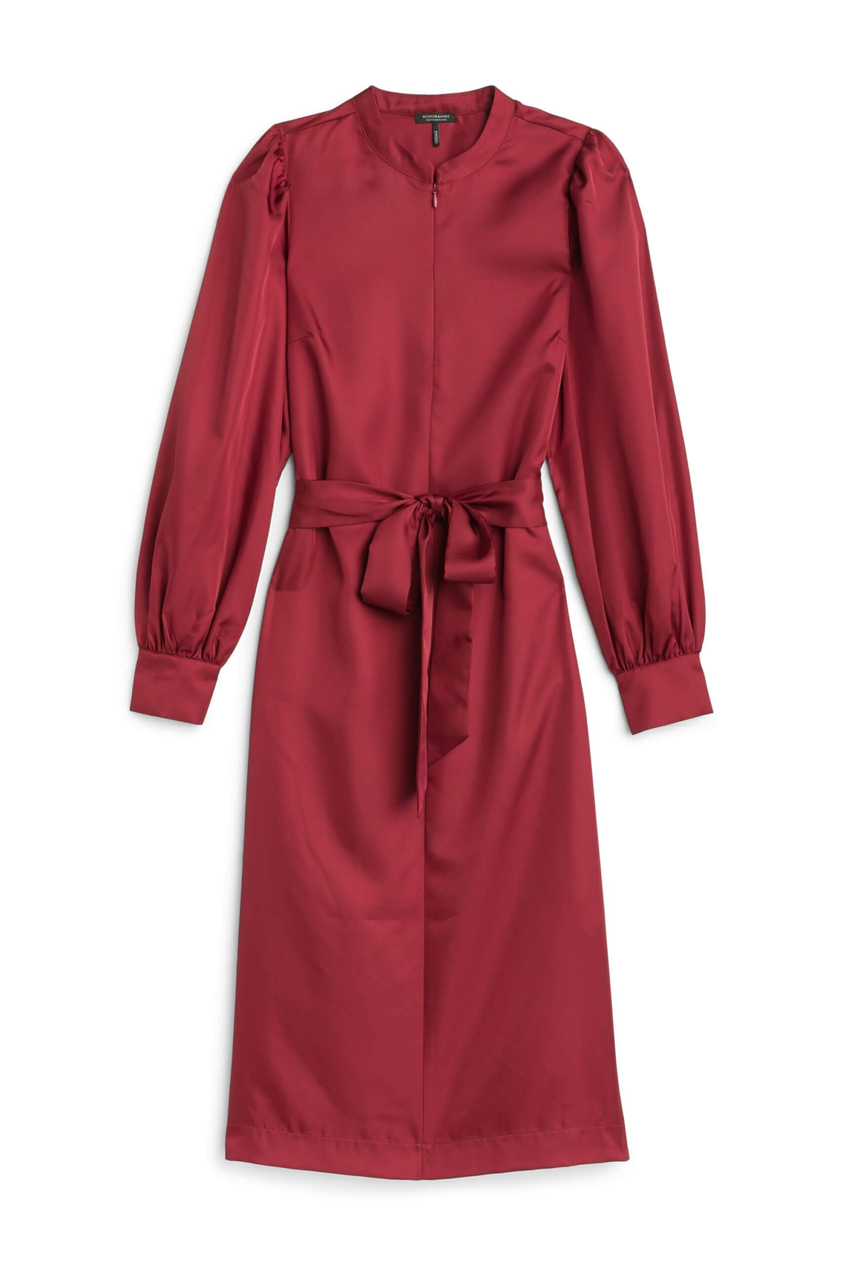Stitch Fix women's burgundy tie-waist, long-sleeve satin midi dress.