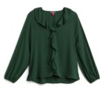 Stitch Fix women’s modern business formal dark green long-sleeved blouse with ruffle collar.