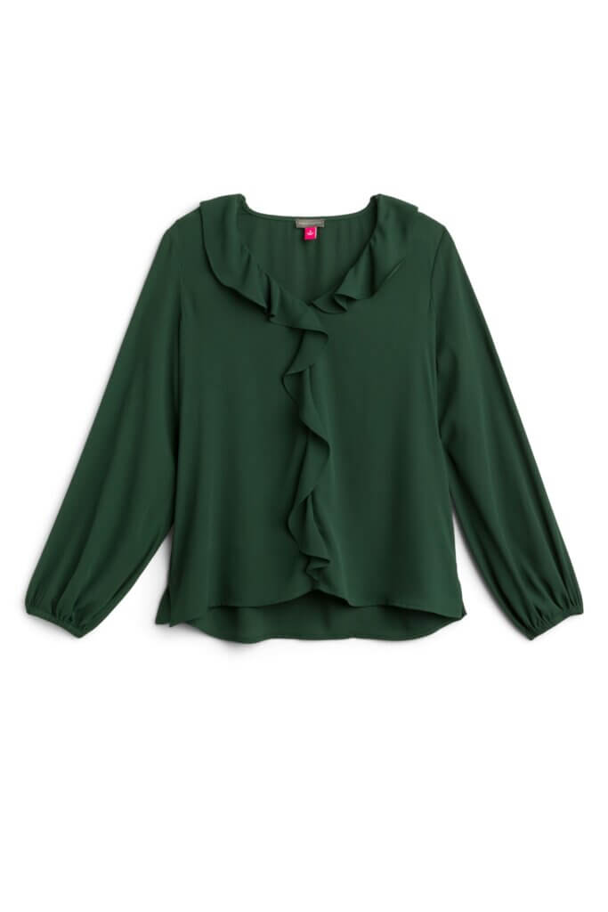 Stitch Fix women’s modern business formal dark green long-sleeved blouse with ruffle collar.
