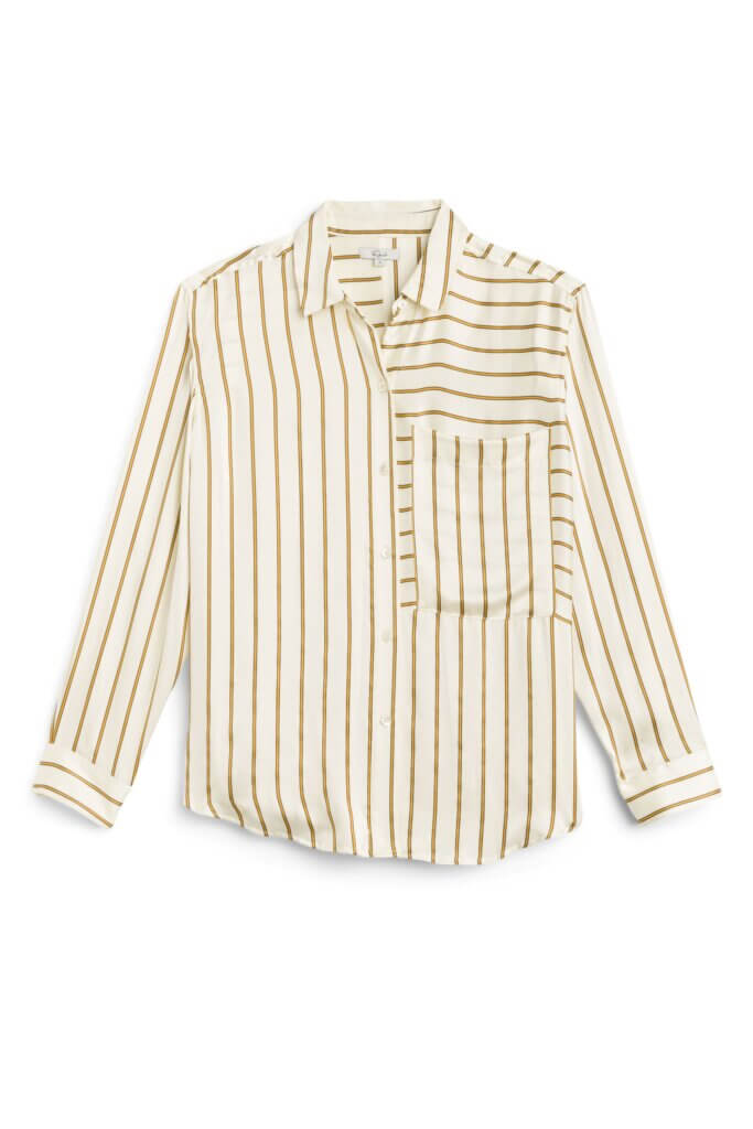 Stitch Fix women's off-white striped preppy style button-down shirt.