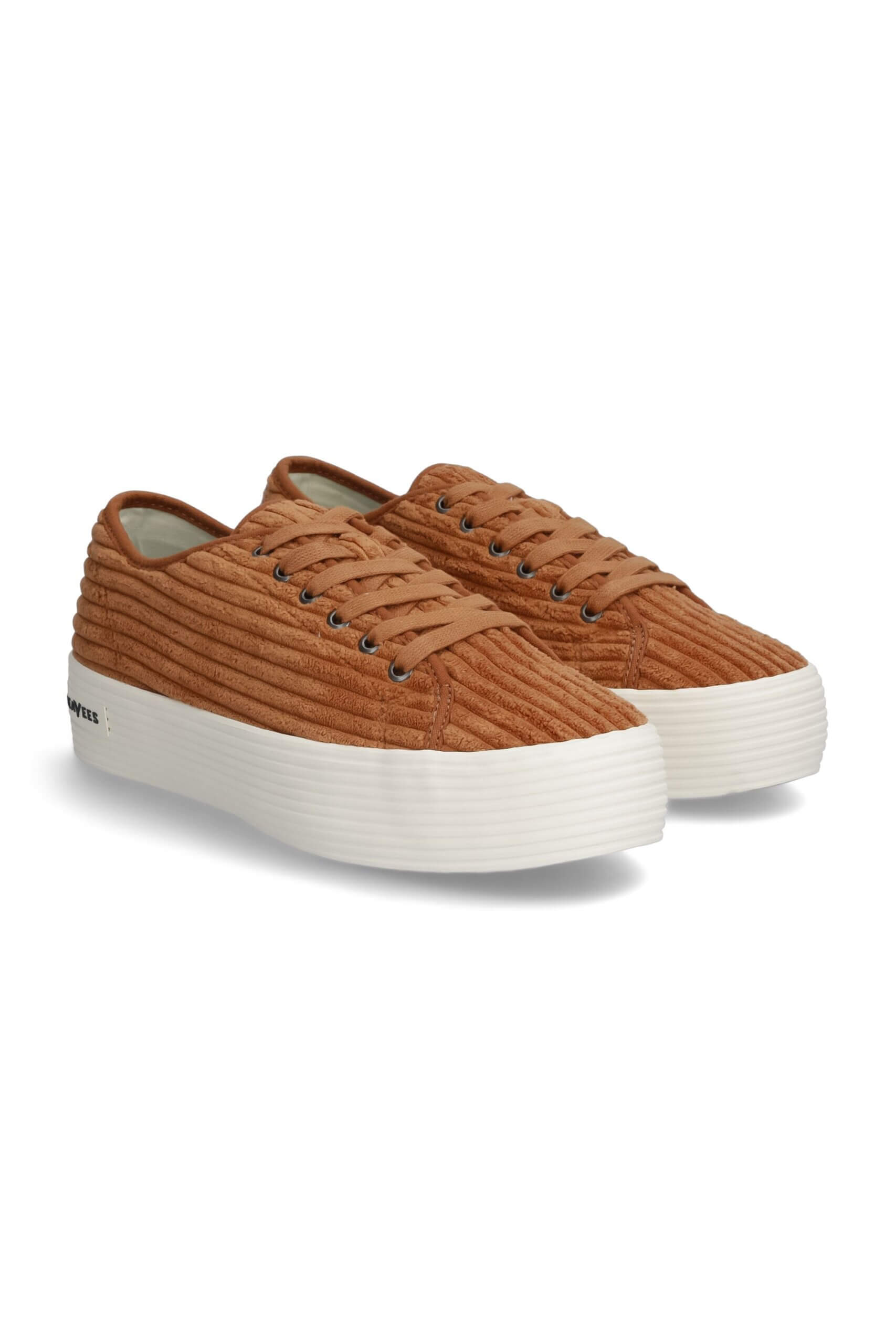 Stitch Fix women’s brown corduroy platform sneakers with white sole.