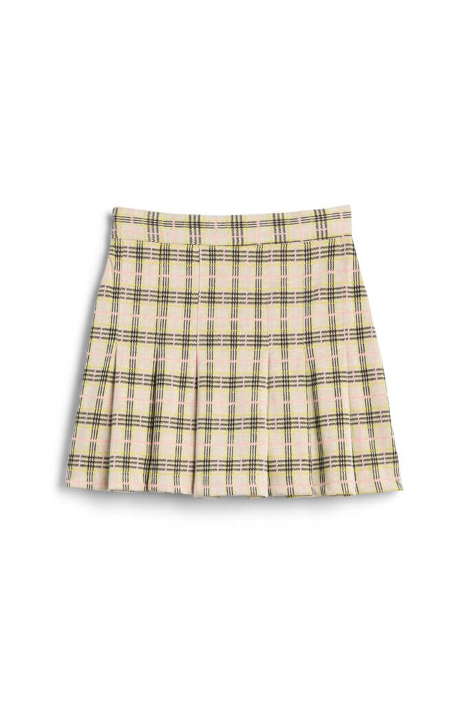 Stitch Fix women's beige plaid pleated skirt.