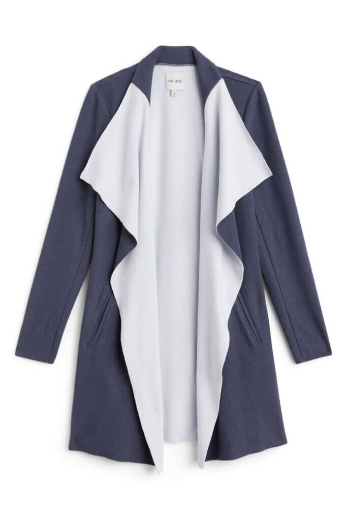 Stitch Fix women’s navy and grey lounge drape jacket.