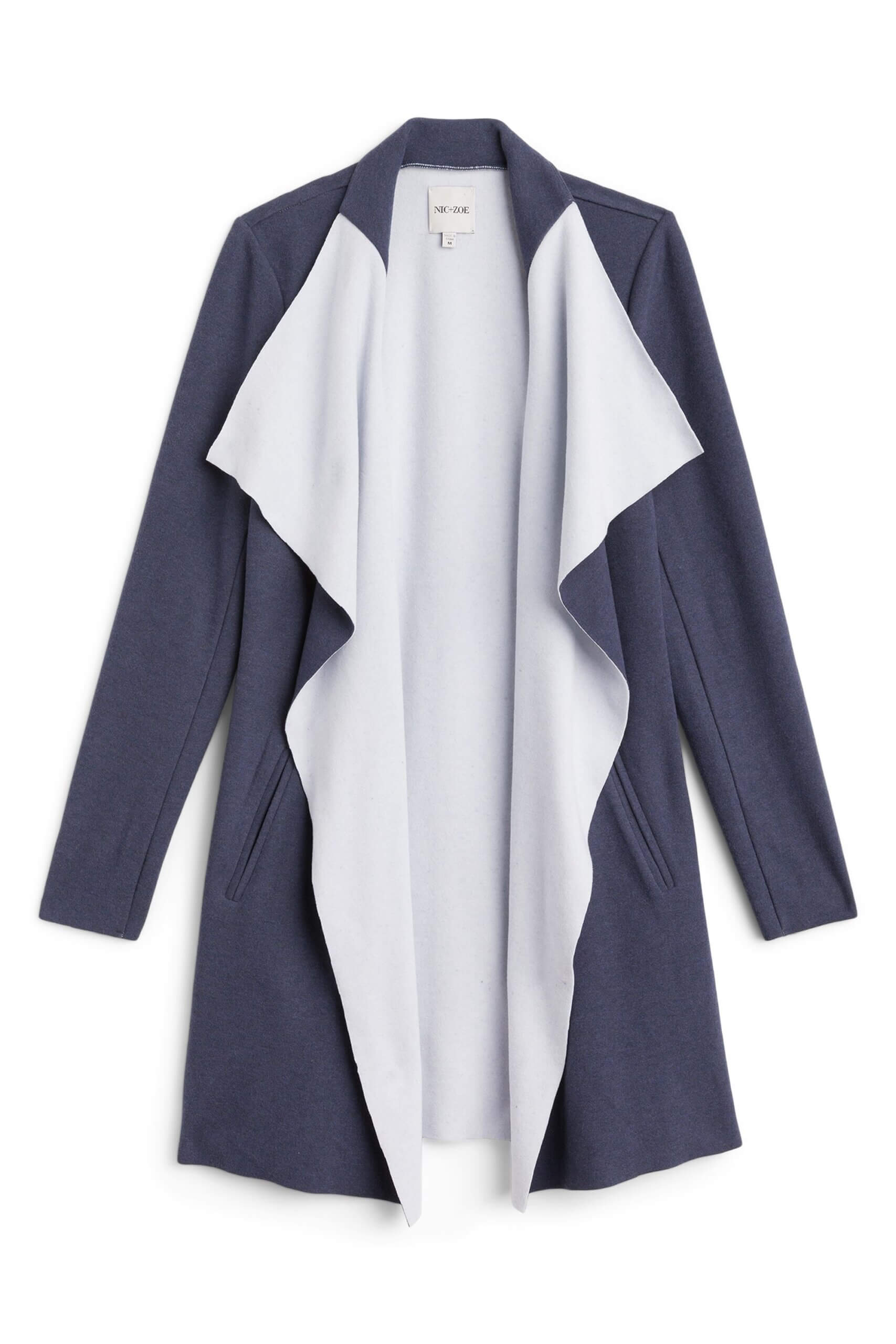 Stitch Fix women’s navy and grey lounge drape jacket.