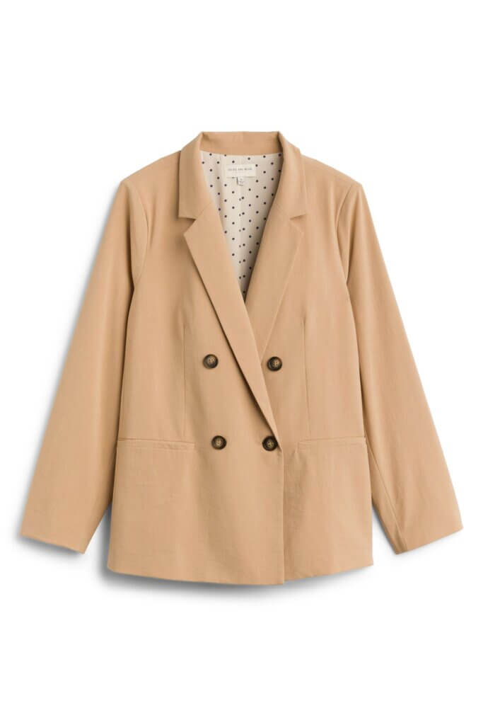 Stitch Fix women’s camel blazer with brown buttons.