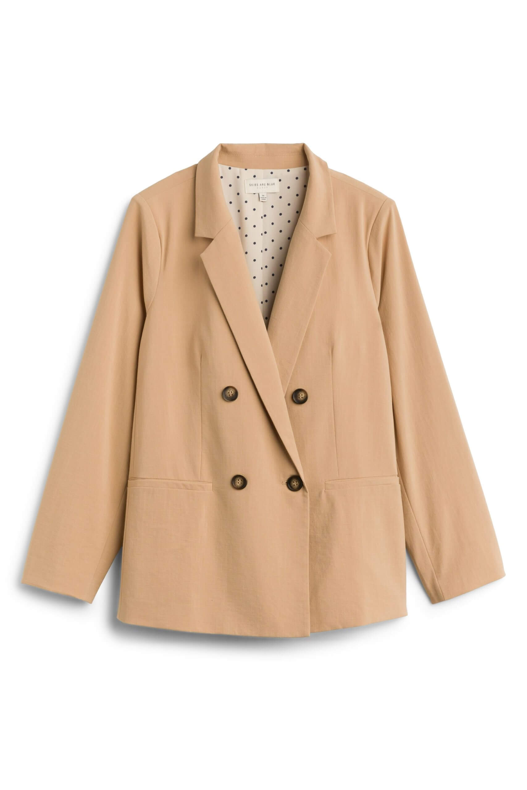 Stitch Fix women’s camel blazer with brown buttons.